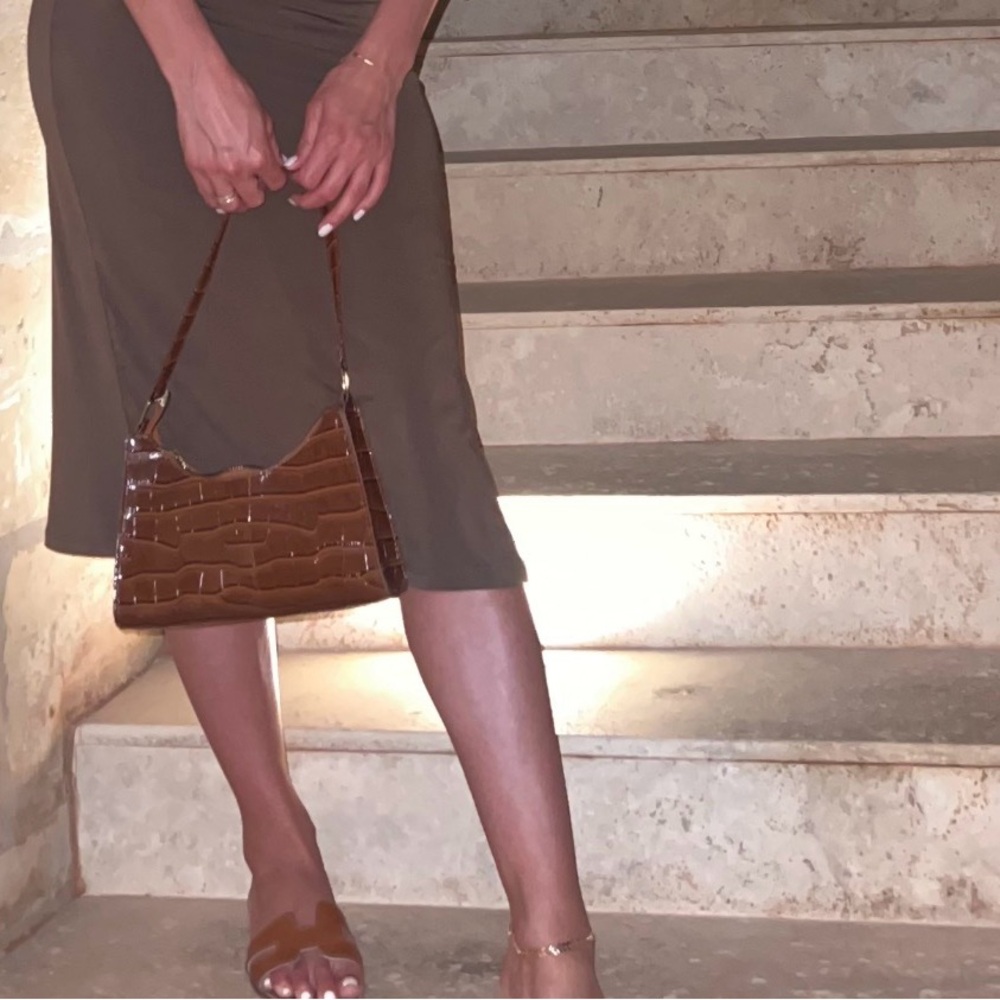Brown Crocodile-Embossed Shoulder Bag - Picture 3 of 3